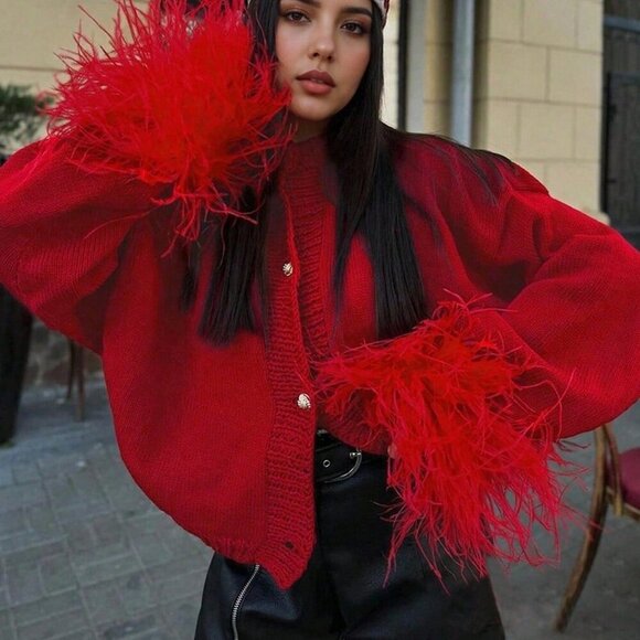 Red Casual Women's Furry Cuffs Metal Button knit sweater cardigan - Picture 1 of 7